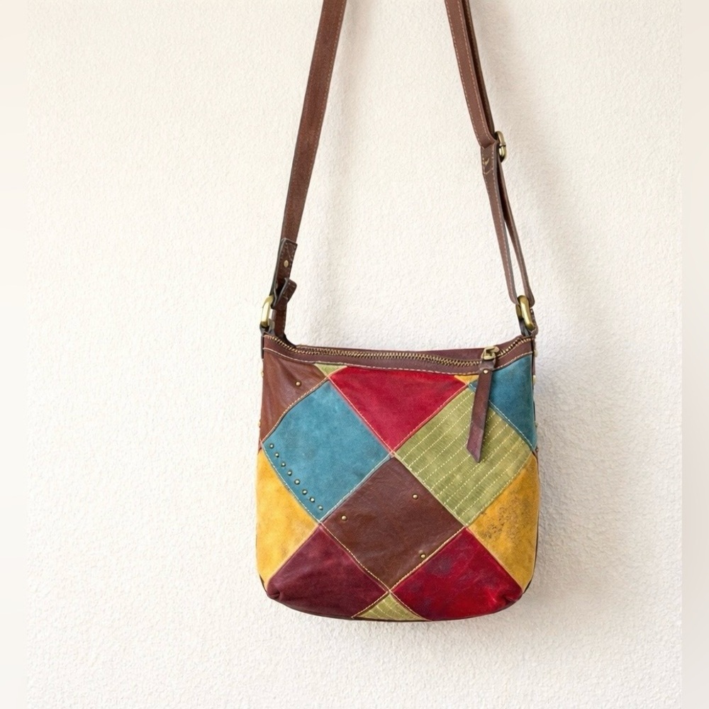Fossil Patchwork Suede Leather Crossbody Bag in Red, Teal, Yellow, Brown